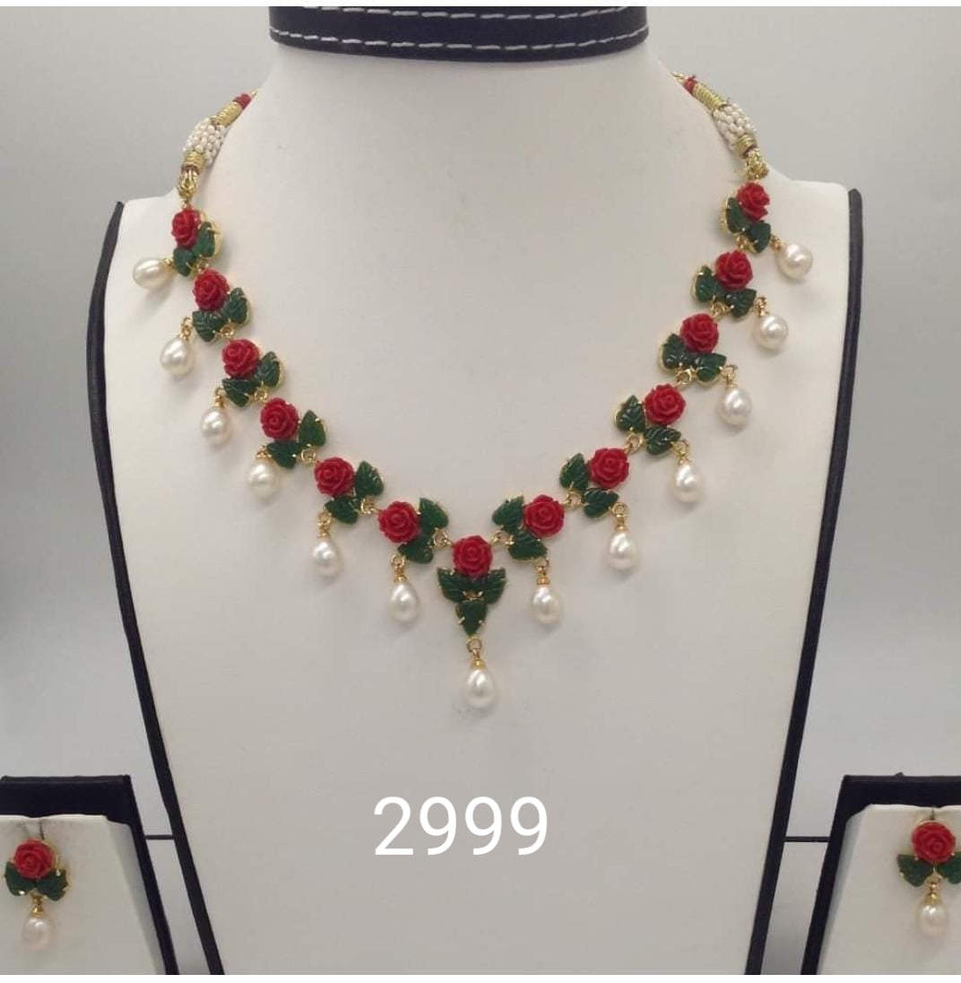 Handcrafted Red Rose Coral Necklace Set with Green Leaf Accents and Pearl Drops