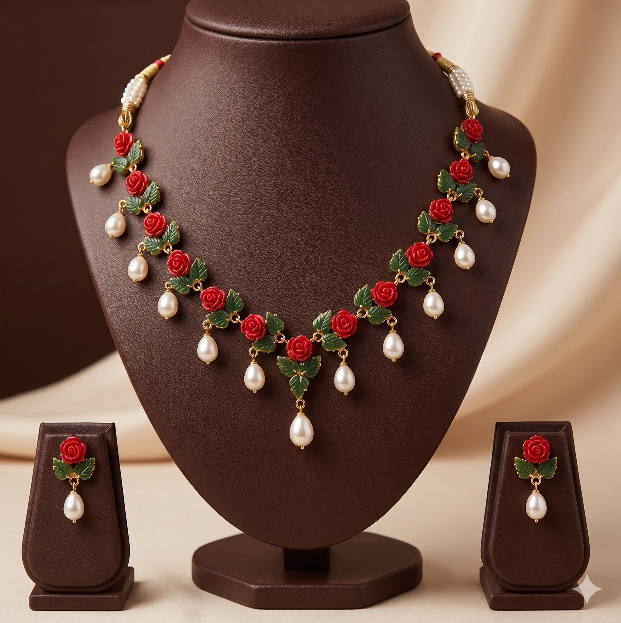 Red Rose Coral Necklace Set – Handcrafted Floral Pearl Drop Design