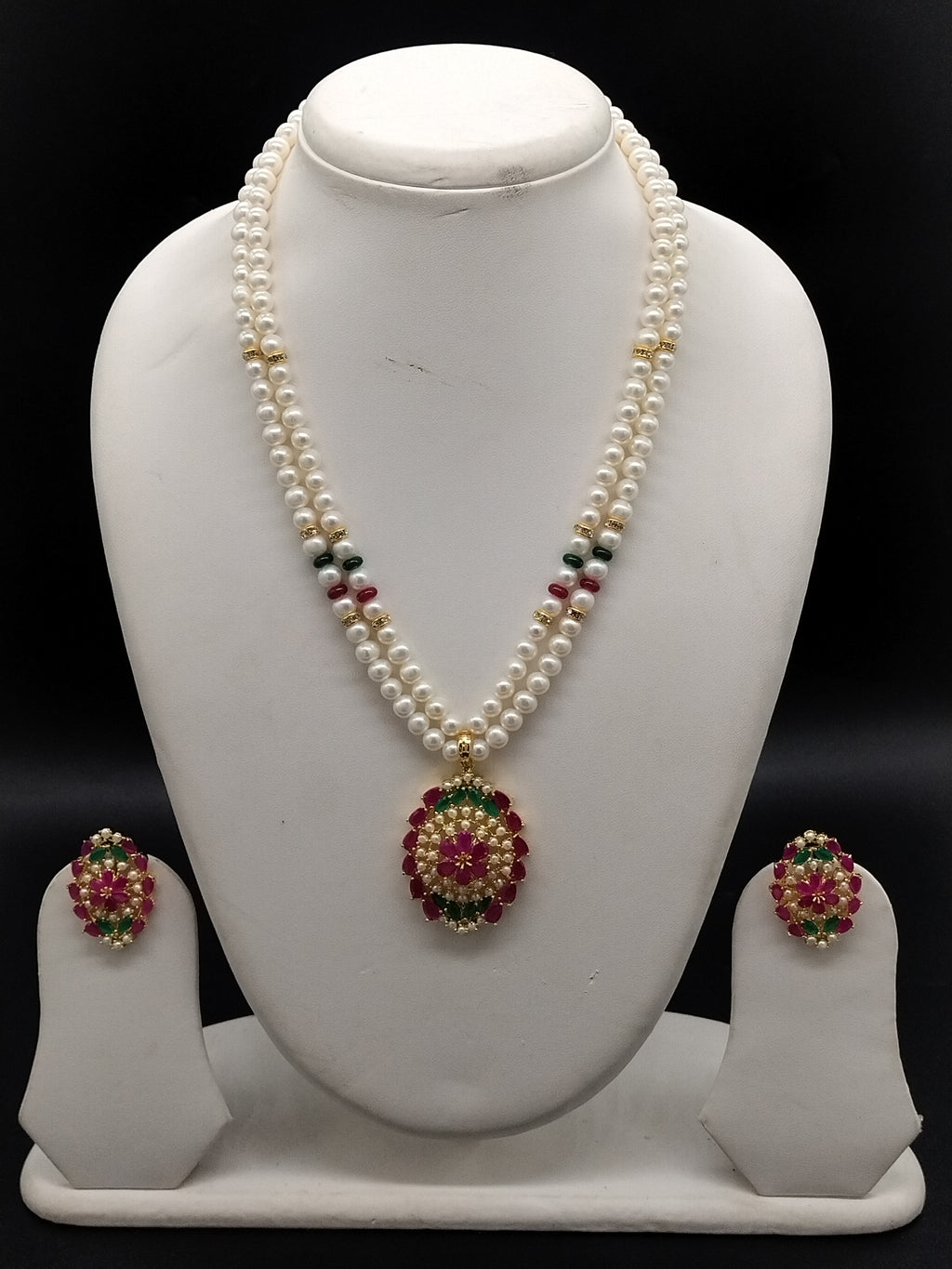 Regal Multicolor freshwater pearl pendant necklace set with two line white pearls and multicolour stone pendant