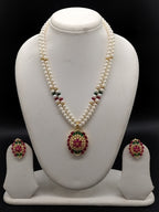 Regal Multicolor freshwater pearl pendant necklace set with two line white pearls and multicolour stone pendant