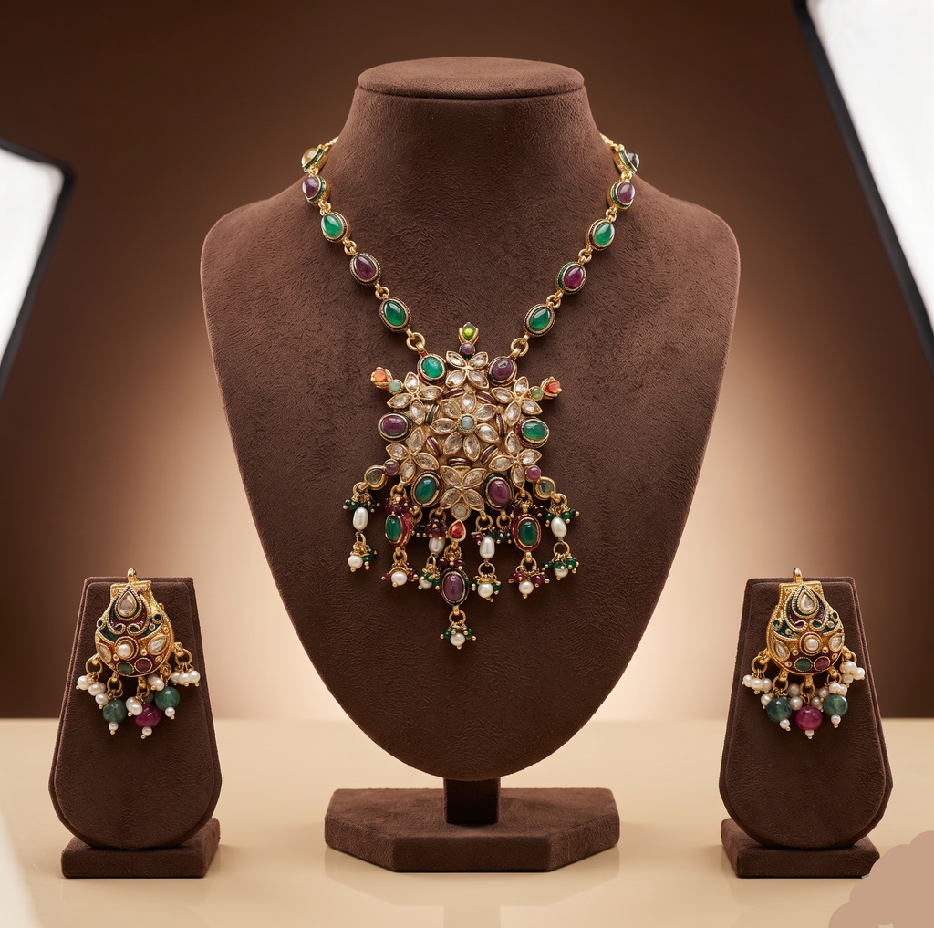 Regal Prism multicolour CZ necklace set with matching drop earrings.