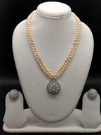 Rosé Royale freshwater pearl pendant necklace set with two line pink round pearls and silver stone pendant