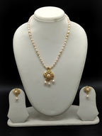 Rose Charm freshwater pearl pendant necklace set with pink oval pearls and gold pendant with pearl drops