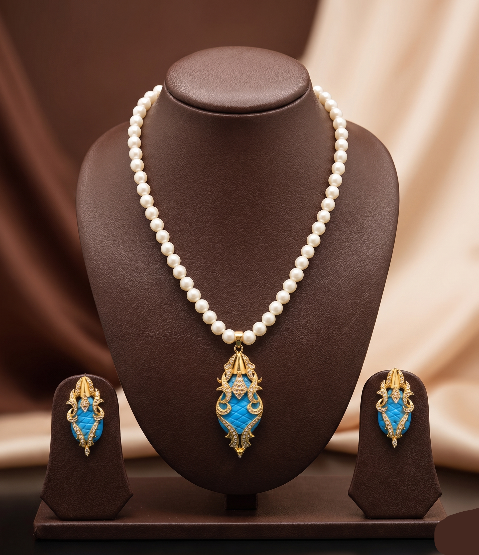 Royal Blue & Gold One Line Pendant Freshwater Pearl Necklace & Earrings Set