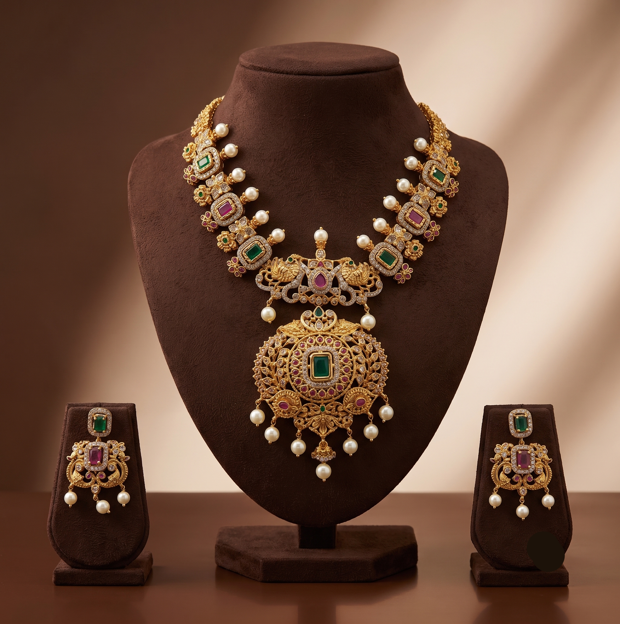 Royal CZ peacock medallion necklace set with pearl drops, gold-tone finish, and matching heritage earrings.