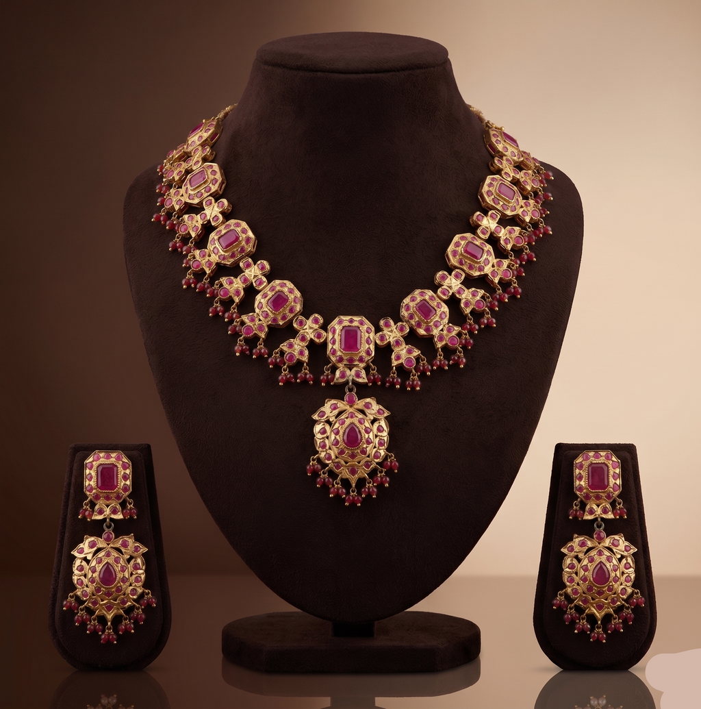 Royal Crimson red CZ necklace set with antique gold finish and matching drop earrings.