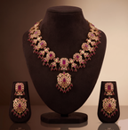 Royal Crimson red CZ necklace set with antique gold finish and matching drop earrings.
