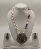 Royal Rouge dual-strand freshwater pearl pendant necklace and earrings set with red gemstone pendant