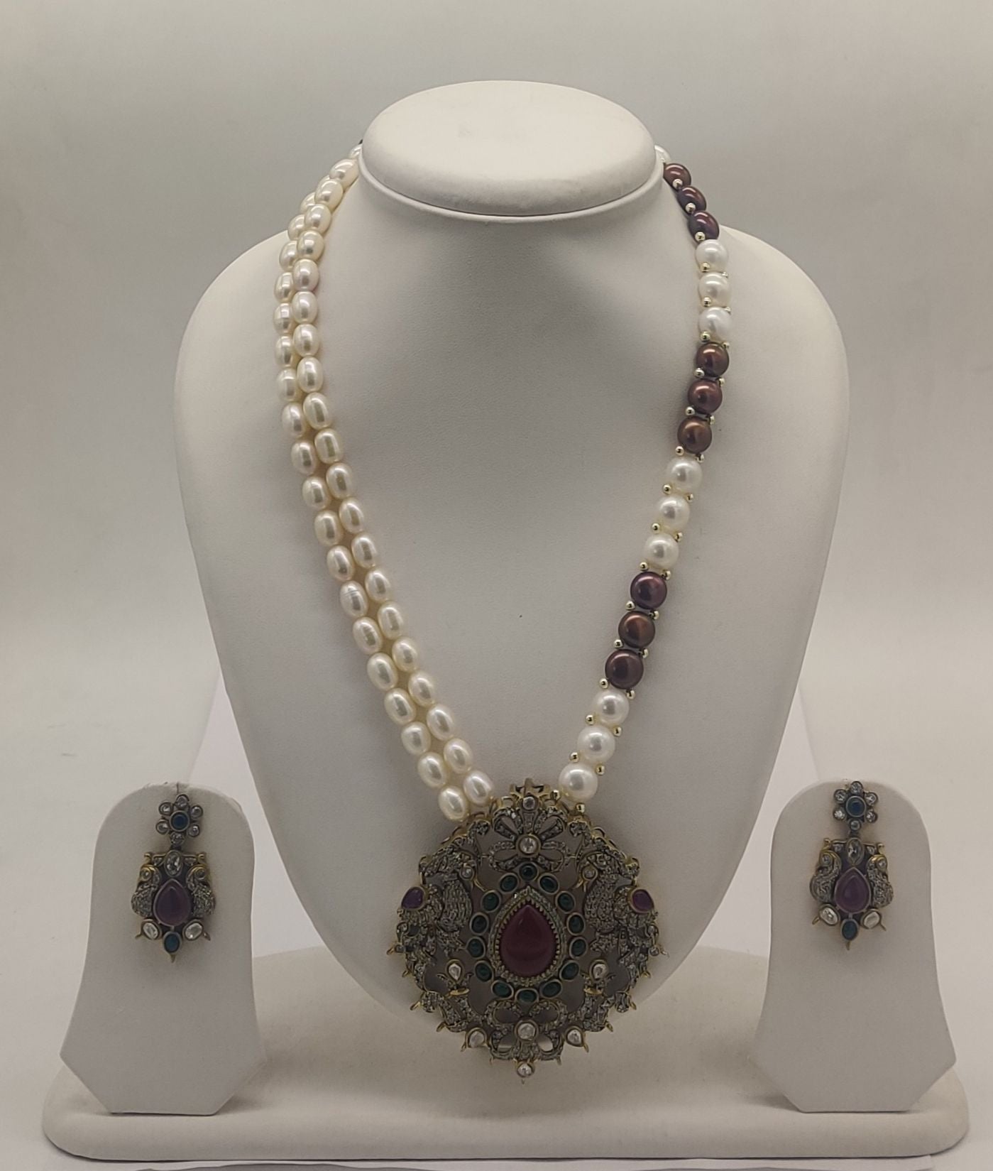 Royal Rouge dual-strand freshwater pearl pendant necklace and earrings set with red gemstone pendant