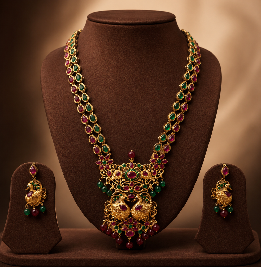 Royal Swan multicolour CZ necklace set with antique gold finish and matching earrings.