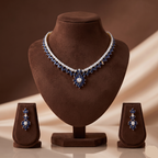 Royal White Blue CZ floral necklace set with gold-tone finish and matching drop earrings.