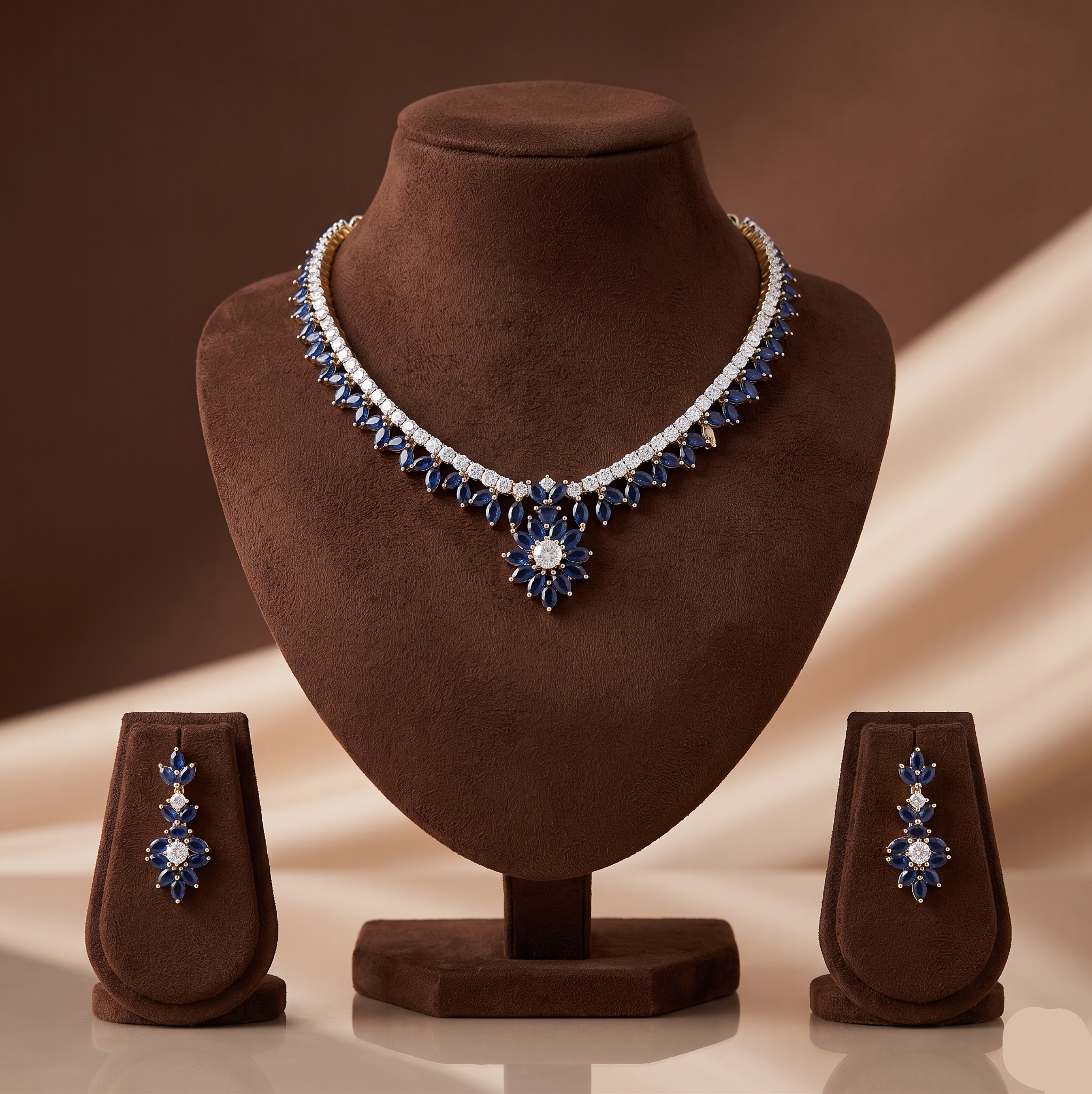 Royal White Blue CZ floral necklace set with gold-tone finish and matching drop earrings.