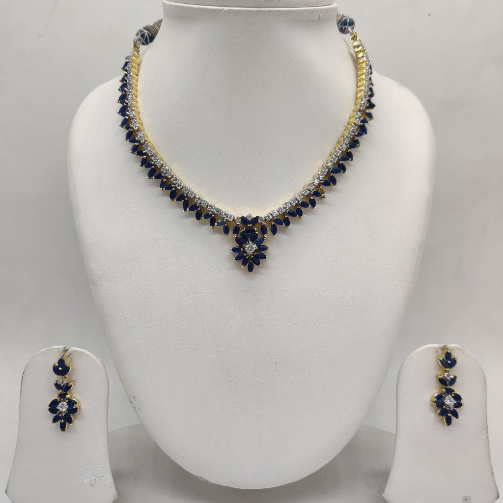 Royal White Blue CZ floral necklace set with gold-tone finish and matching drop earrings.