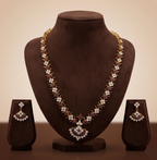 Royal White Brown CZ long necklace set with polished gold finish and matching drop earrings.