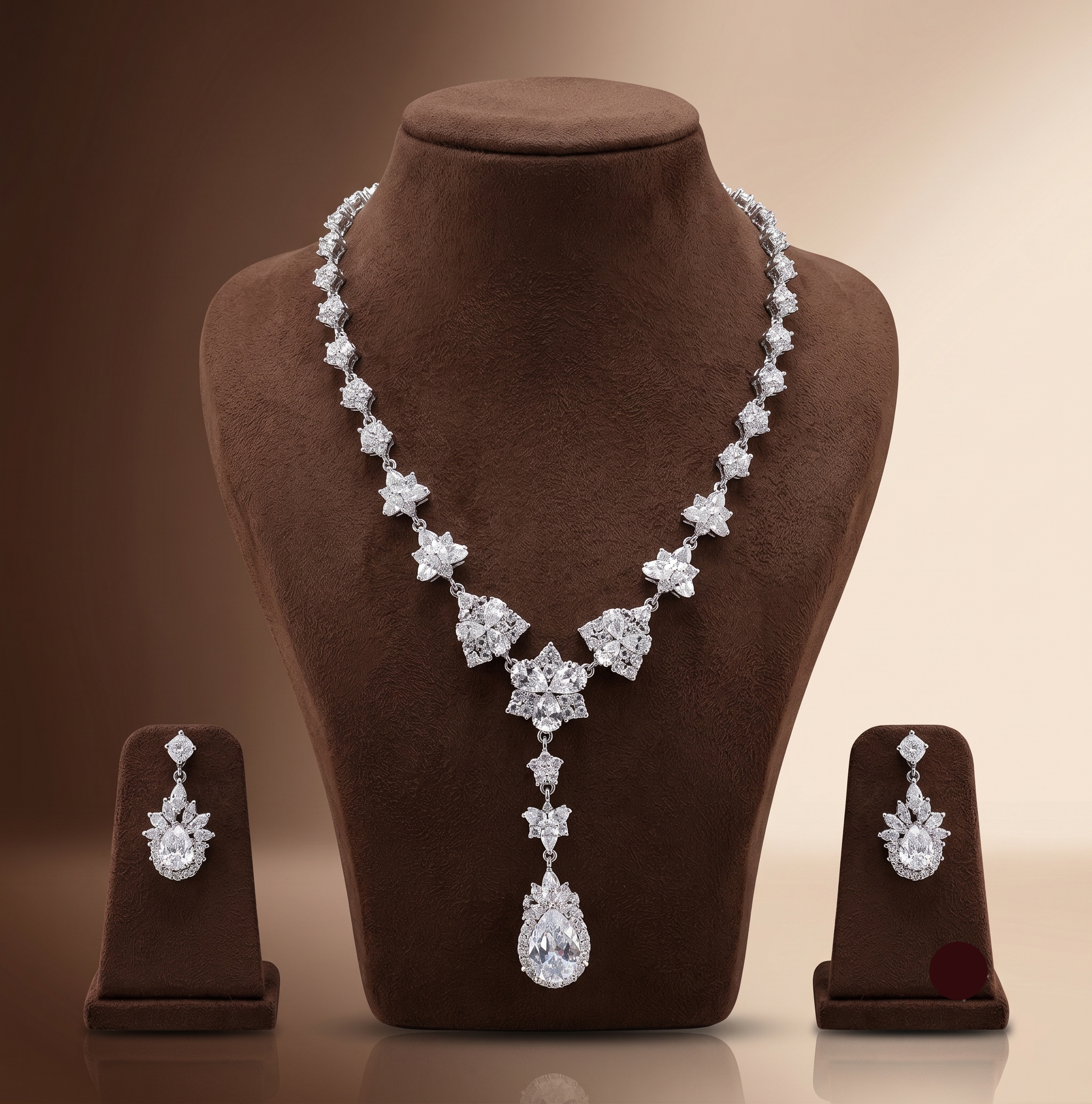 Royal White CZ Y-Drop bridal necklace set with silver-tone finish and matching drop earrings.