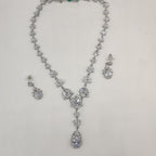 Royal White CZ Y-Drop bridal necklace set with silver-tone finish and matching drop earrings.