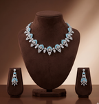 Royal White Sky Blue CZ statement necklace set with silver-tone finish and matching long earrings.