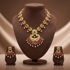 Royal antique red CZ peacock necklace set with pearl drops and matching heritage earrings.