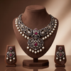 Royal antique white and pink CZ peacock necklace set with pearl drops and matching heritage earrings.