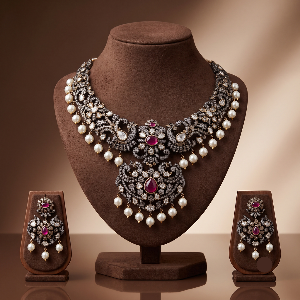 Royal antique white and pink CZ peacock necklace set with pearl drops and matching heritage earrings.
