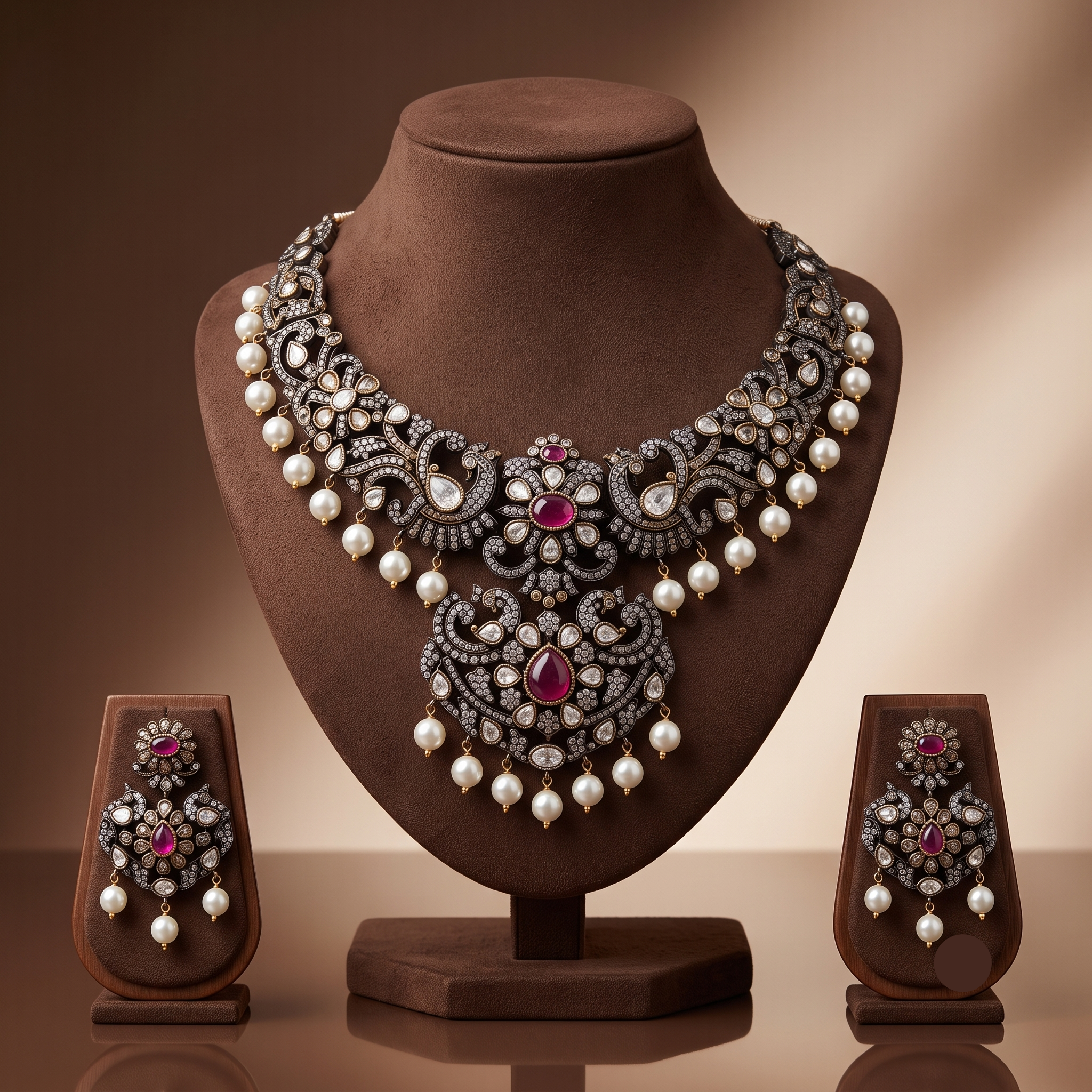 Royal antique white and pink CZ peacock necklace set with pearl drops and matching heritage earrings.