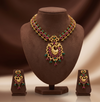 Royal multicolour CZ peacock necklace set with gold-tone finish and matching drop earrings.