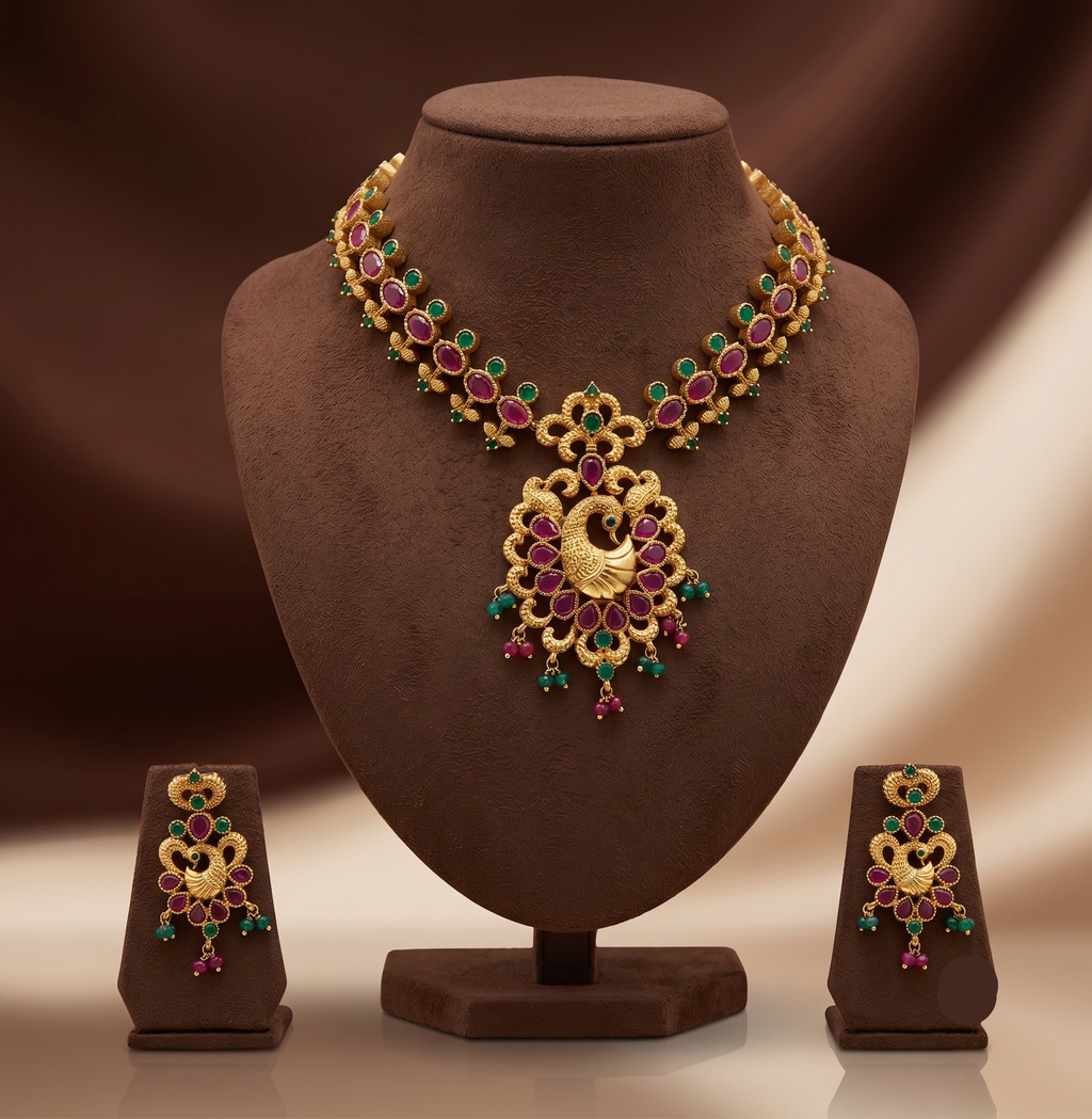 Royal multicolour CZ peacock necklace set with gold-tone finish and matching drop earrings.