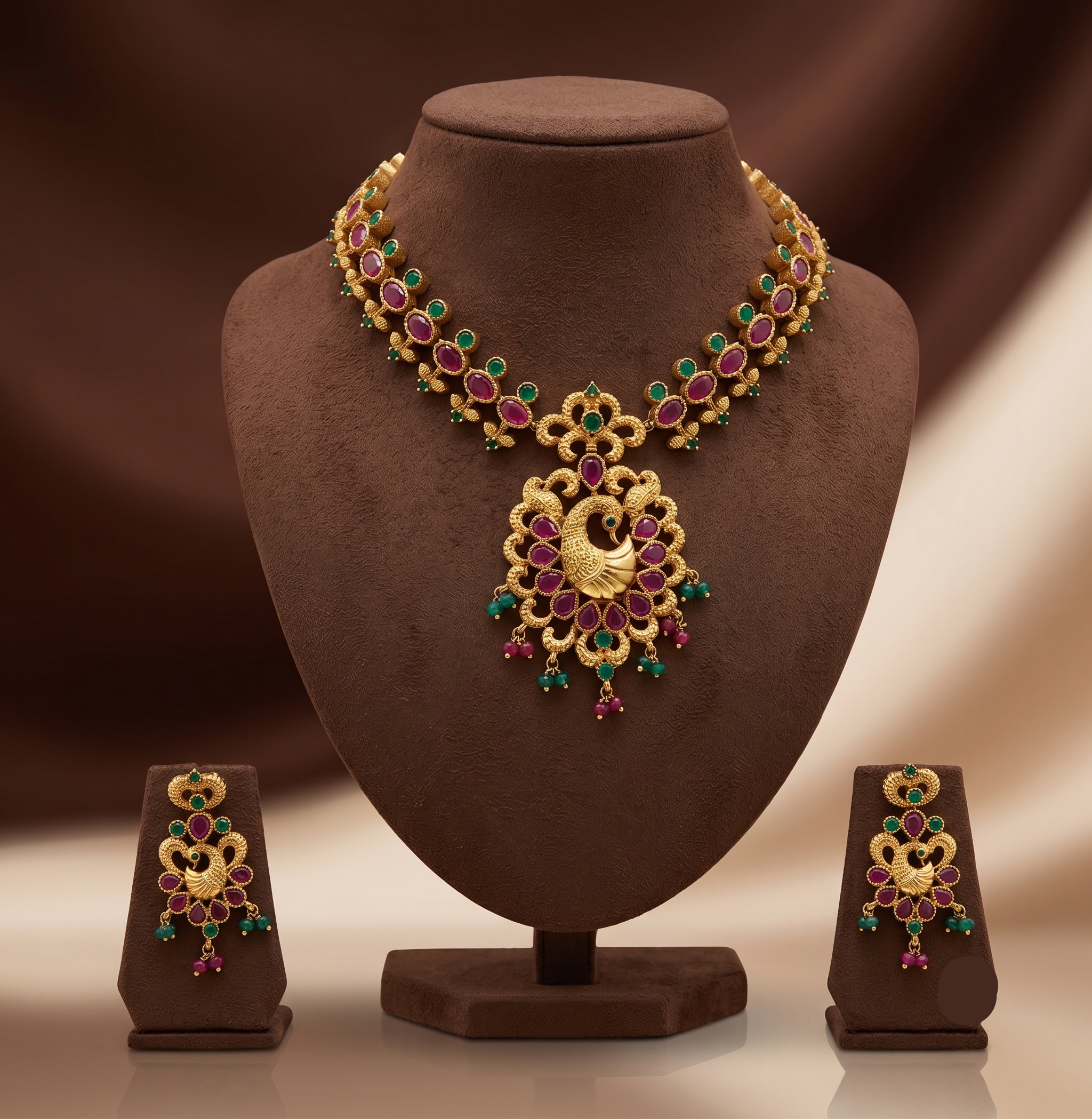 Royal multicolour CZ peacock necklace set with gold-tone finish and matching drop earrings.