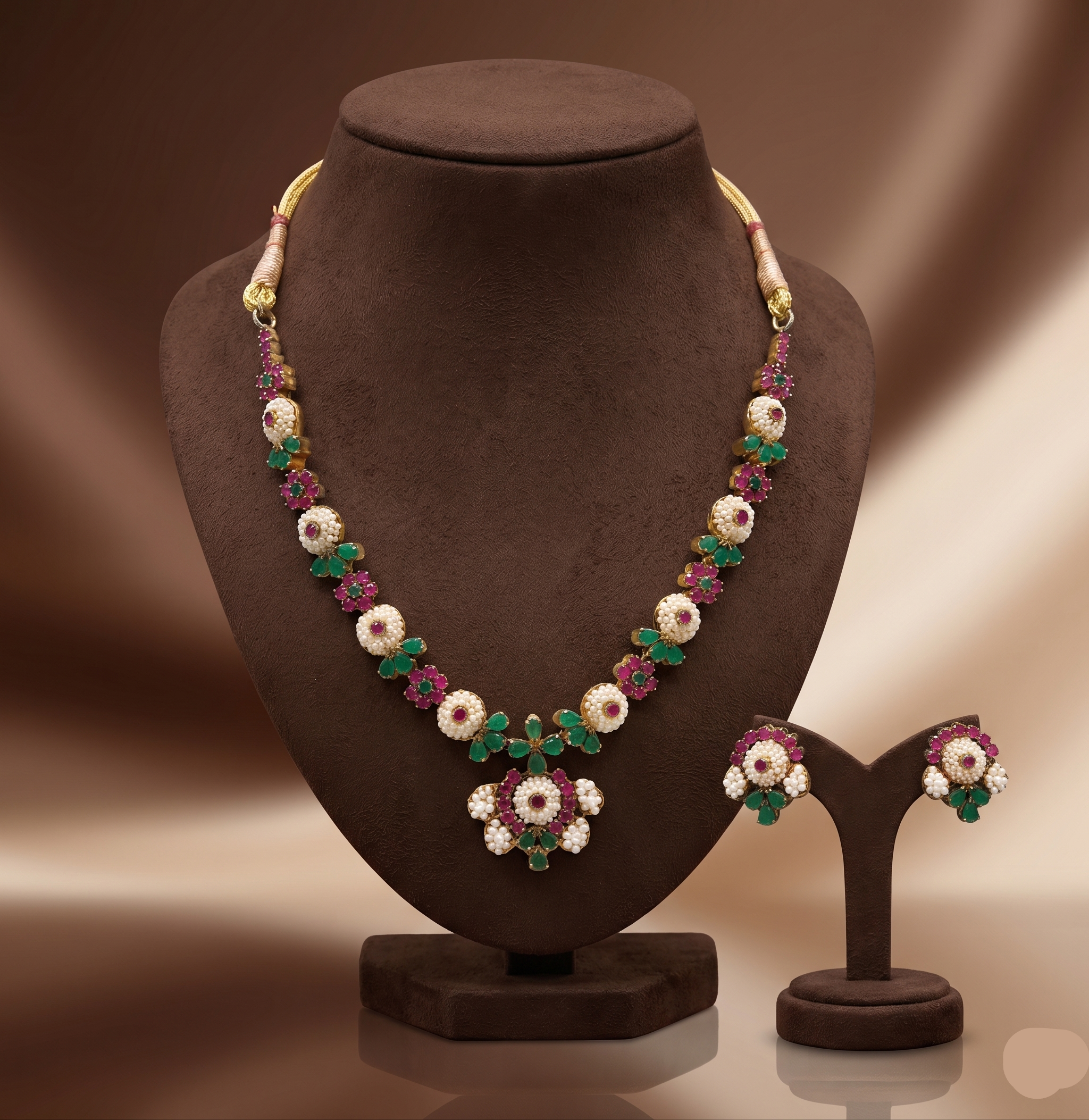 Royal multicolour pearl and CZ floral necklace set with matching stud earrings.