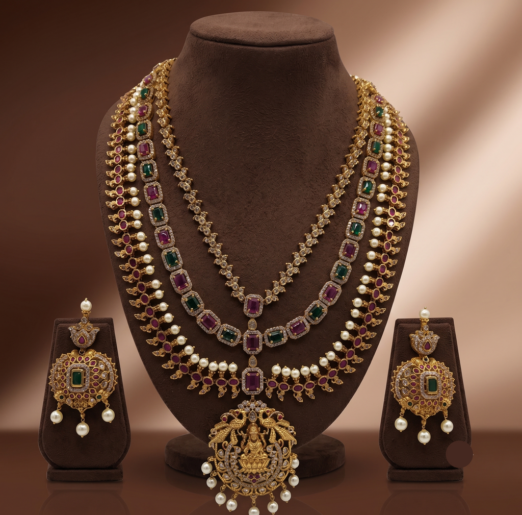 Royal triple line temple necklace set with pink and green stones, pearl drops, and matching heritage earrings.
