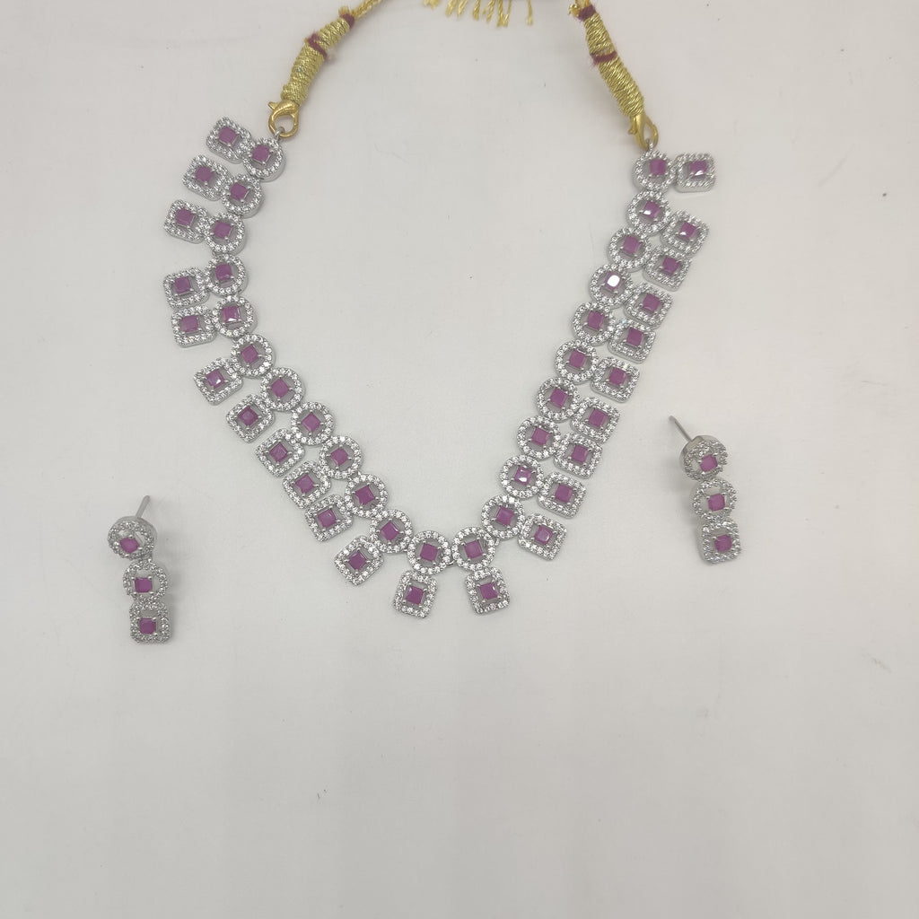 Royal white and red CZ geometric choker necklace set with matching rhodium-plated drop earrings.