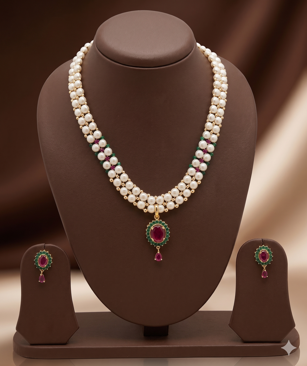 Ruby-Leaf Freshwater Pearl Necklace Set