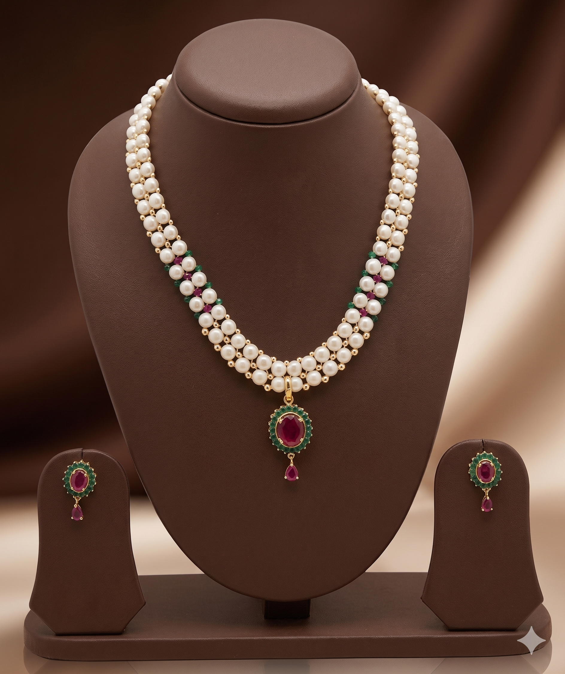 Ruby-Leaf Freshwater Pearl Necklace Set