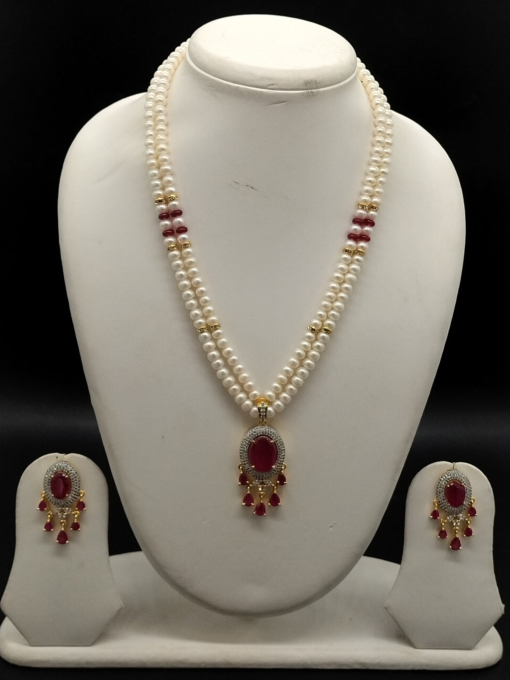 Ruby Grace freshwater pearl pendant necklace set with two line white pearls and red stone pendant