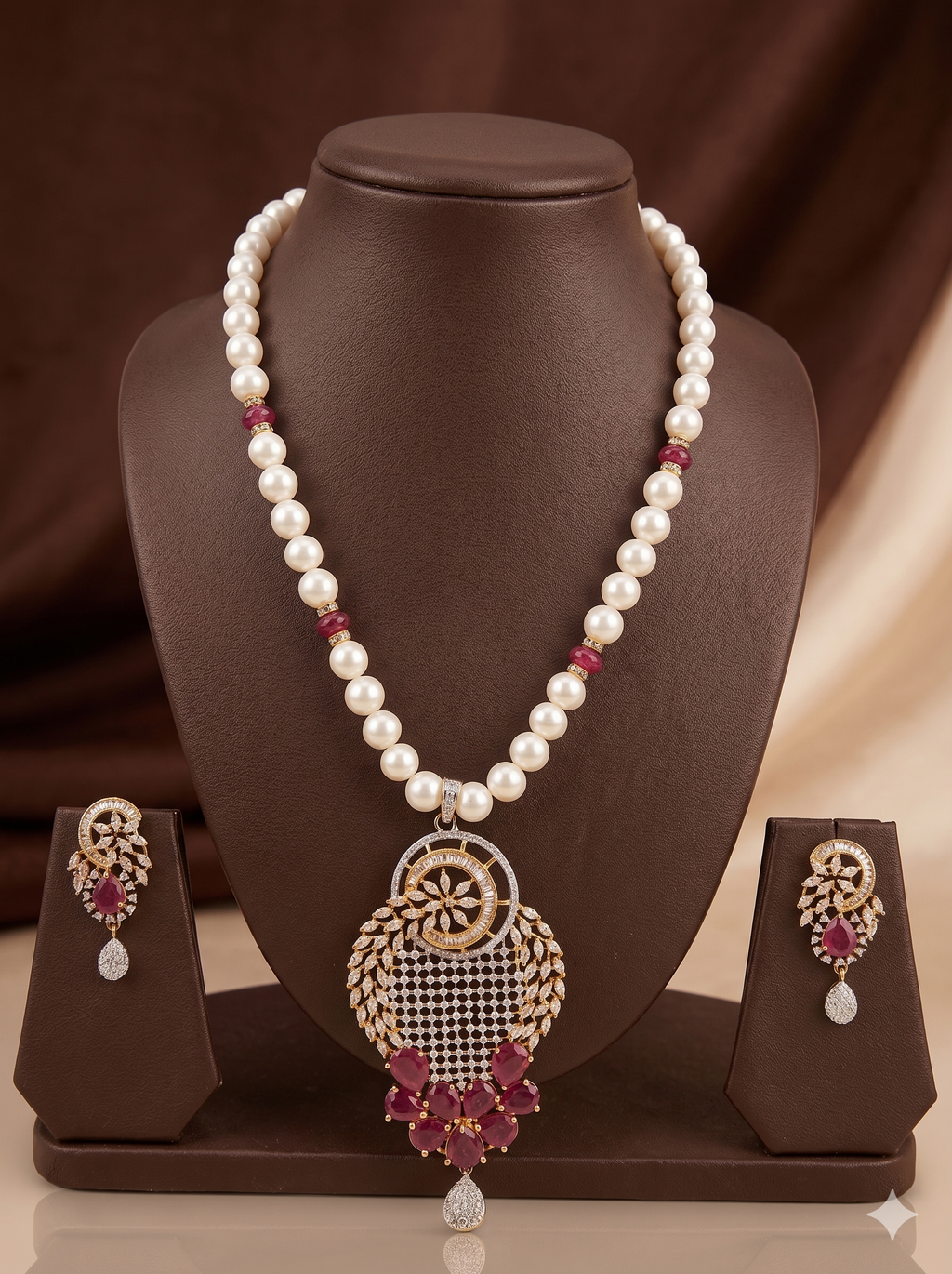 Ruby Radiance Freshwater Pearl Necklace Earrings Set