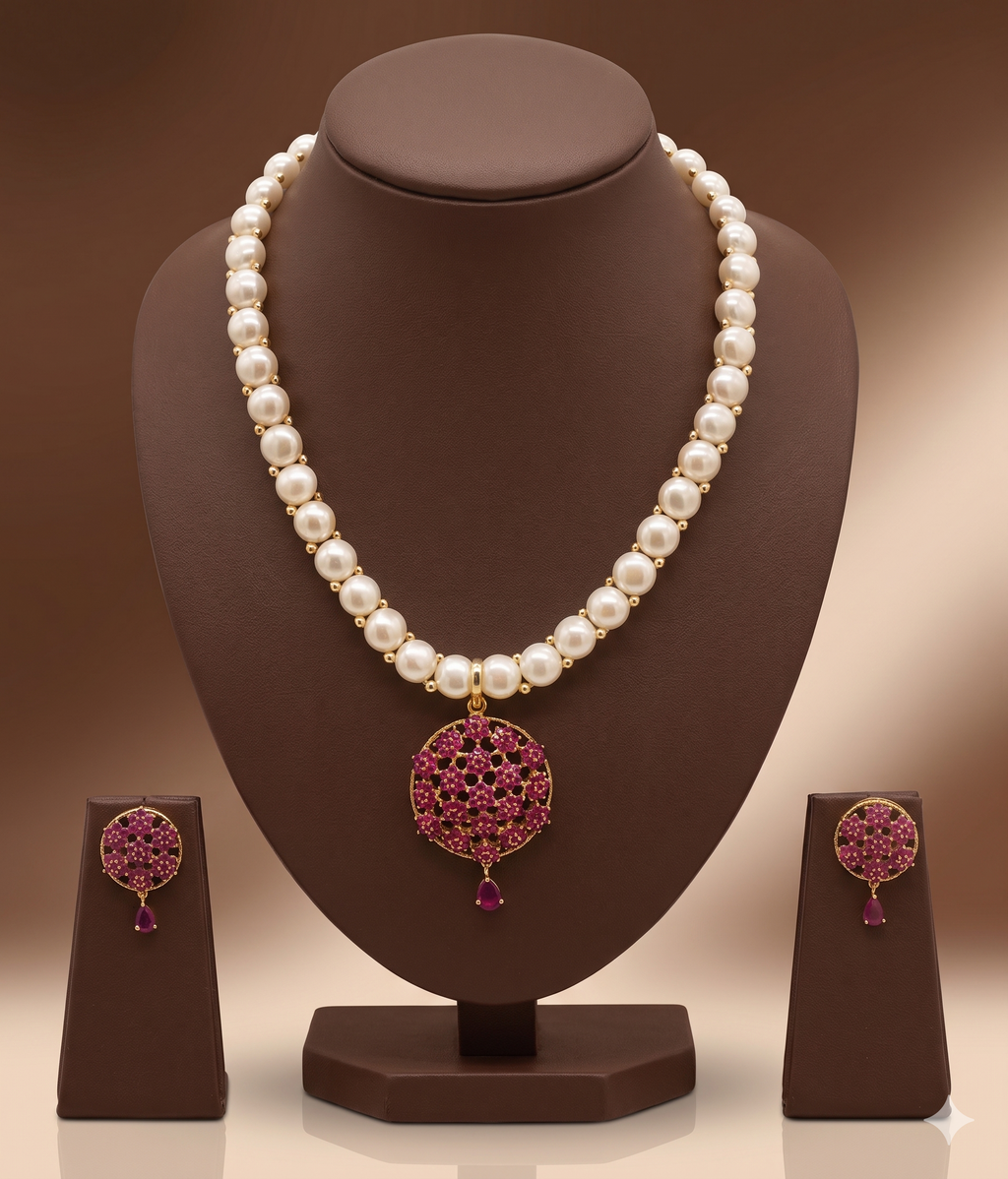 Ruby Teardrop Freshwater Pearls Pendant Set