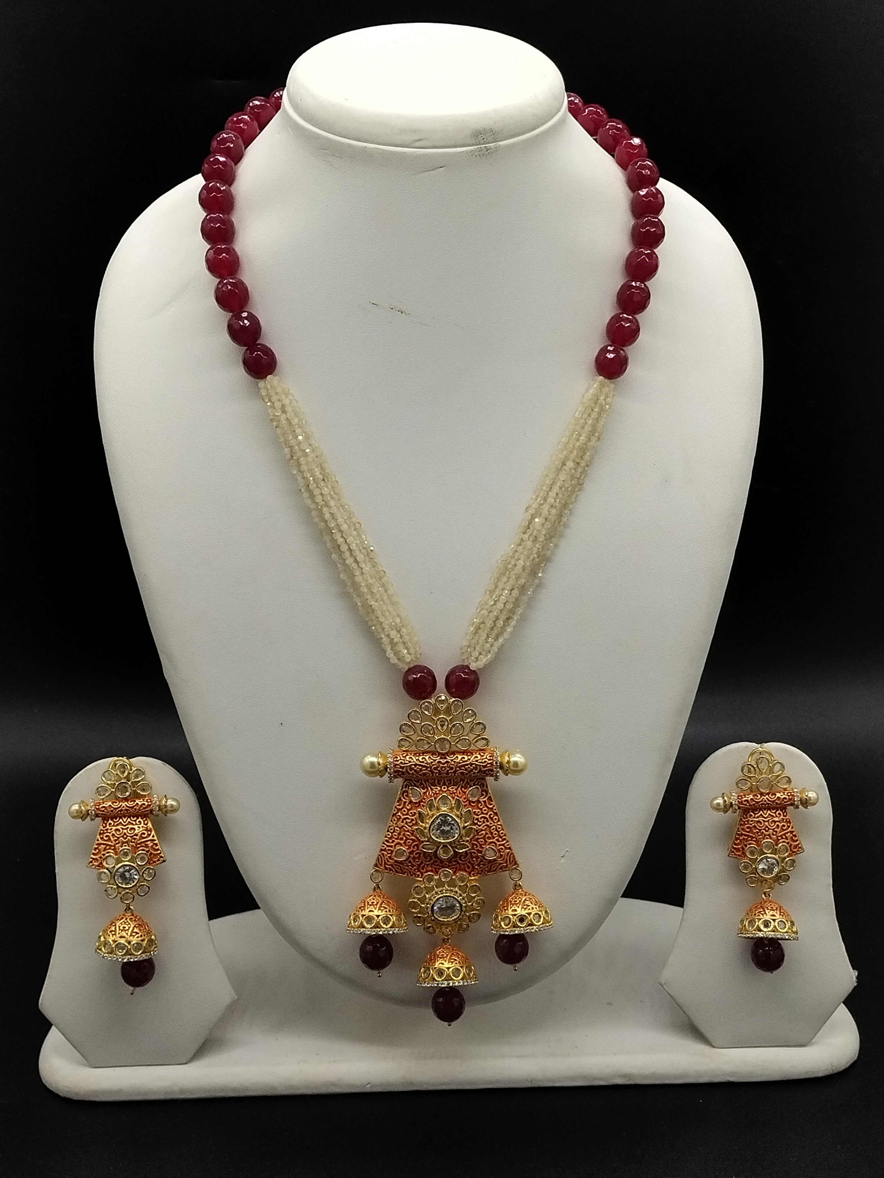 Ruby bead and pearl style temple haram set with jhumka pendant and earrings for women