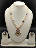 Sapphire Drop freshwater pearl pendant necklace set with two line white pearls and blue stone teardrop pendant