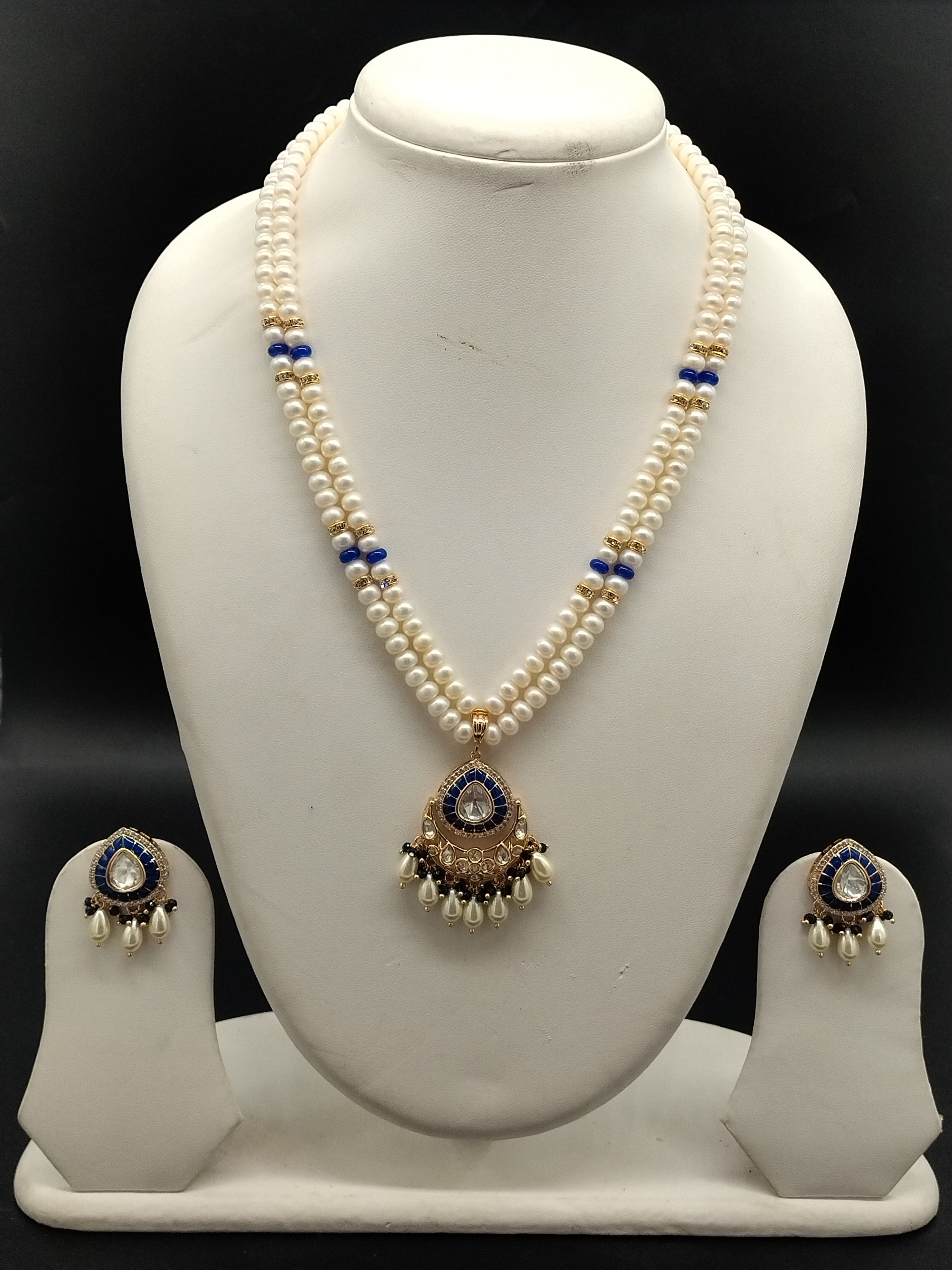 Sapphire Drop freshwater pearl pendant necklace set with two line white pearls and blue stone teardrop pendant