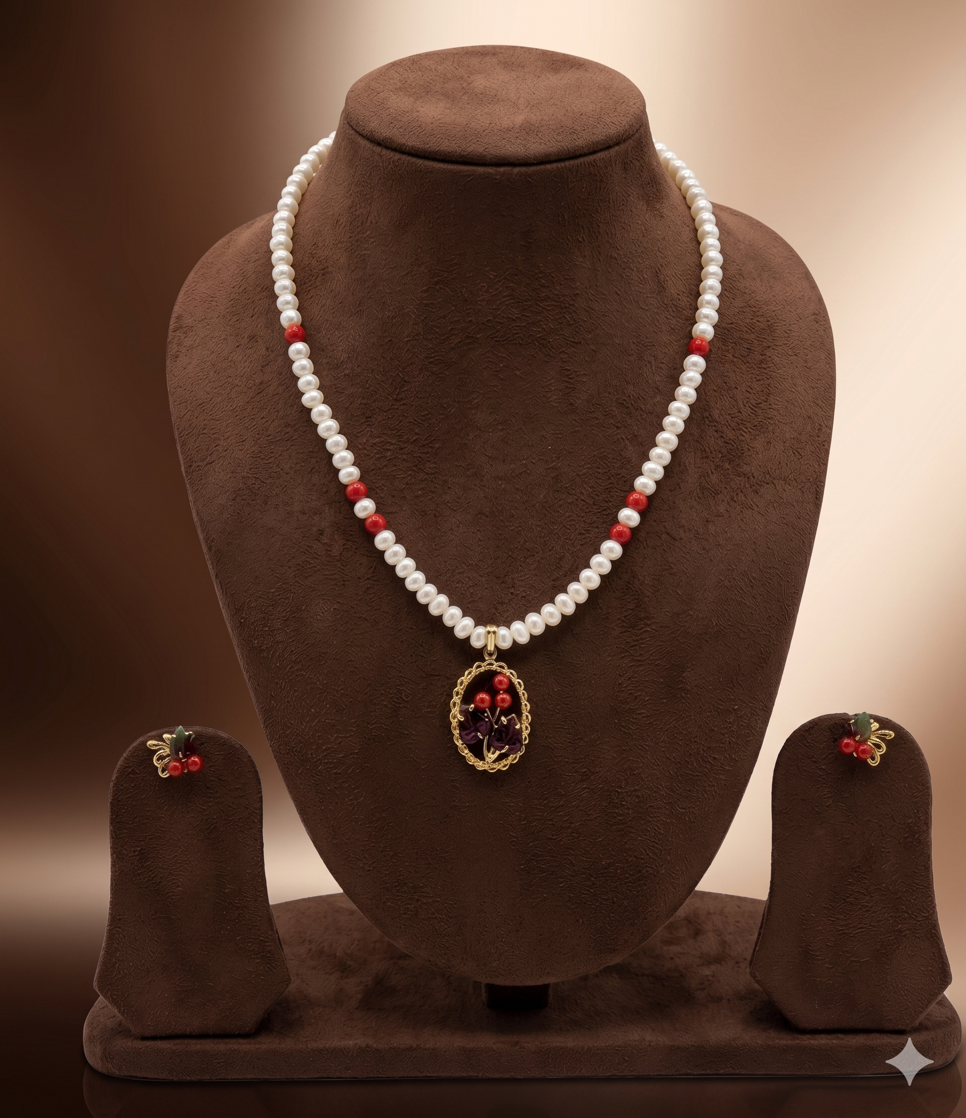 Scarlet Blossom Freshwater Pearl One Line Pendant Set & Earrings