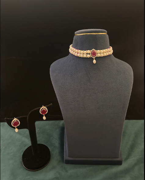 Freshwater Pearl & Ruby Red Stone Choker Set