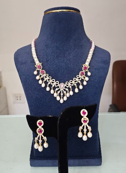 Imperial Ruby Cascade: Freshwater Button Pearl Bridal Necklace Set