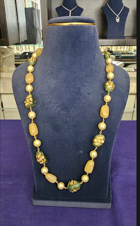 Honey Quartz & Green Kundan-Work Long Mala