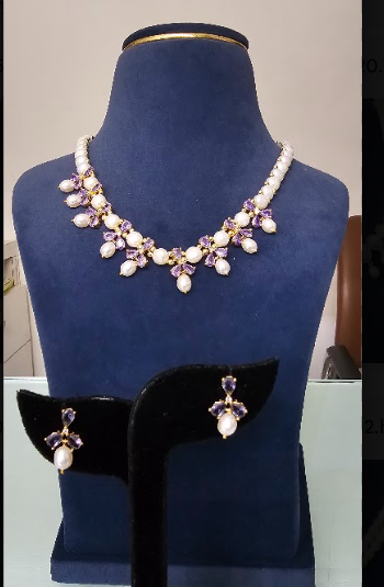 Royal Heritage Button Pearl Necklace with Amethyst-Purple Stone & Pearl Drops