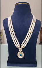 The Royal Sapphire: 3-Line Long Pearl Mala with Blue Stone Medallion Pendant Set