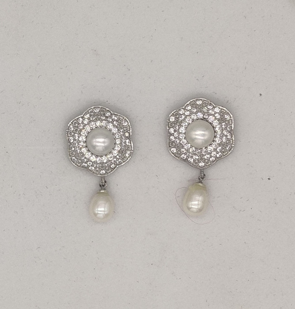 Silver-Toned Floral Pearl Earrings