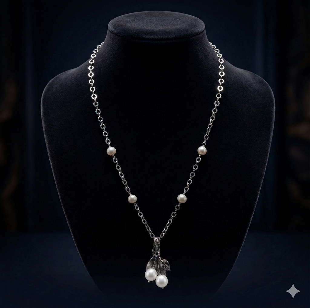 pearl leaf drop 925 silver chain with pearl accents and leaf design