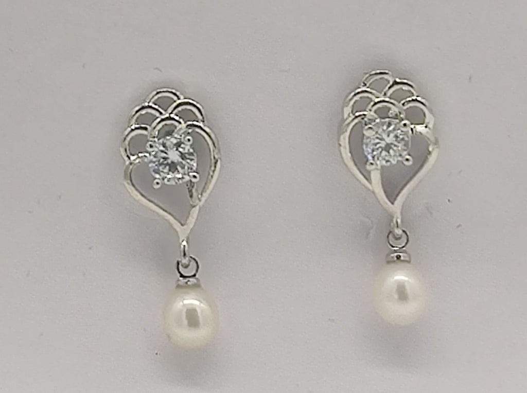 Silver heart pearl drop earrings for women