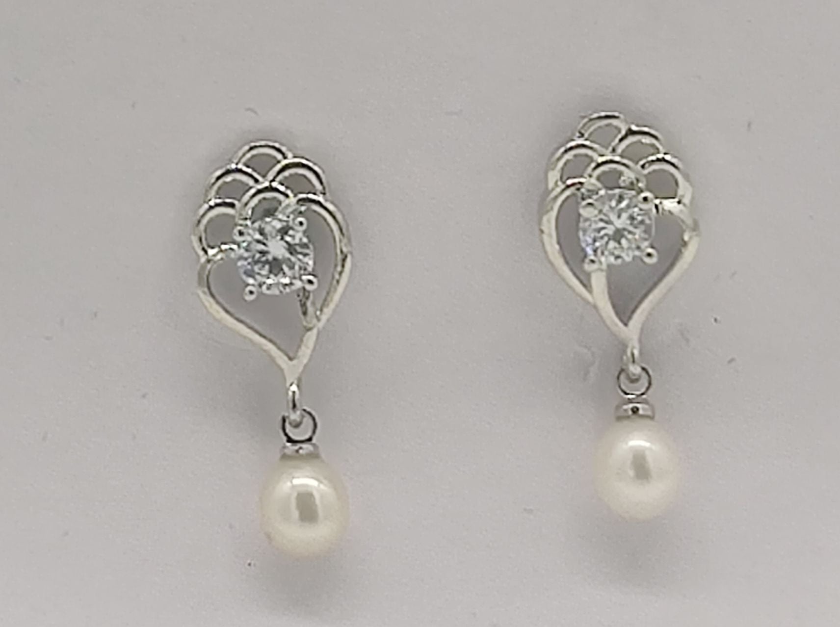 Silver heart pearl drop earrings for women