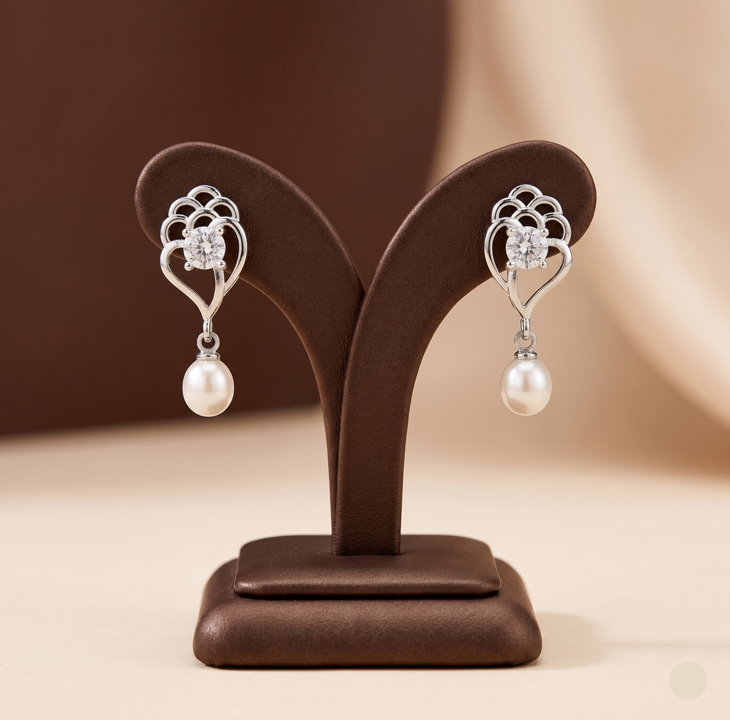 Silver heart pearl drop earrings for women